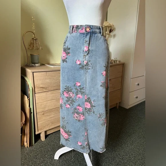 Vintage Cotton Denim Pink Wild Rose Floral Midi Maxi Side Slit High-Waist Skirt - Picture 2 of 16